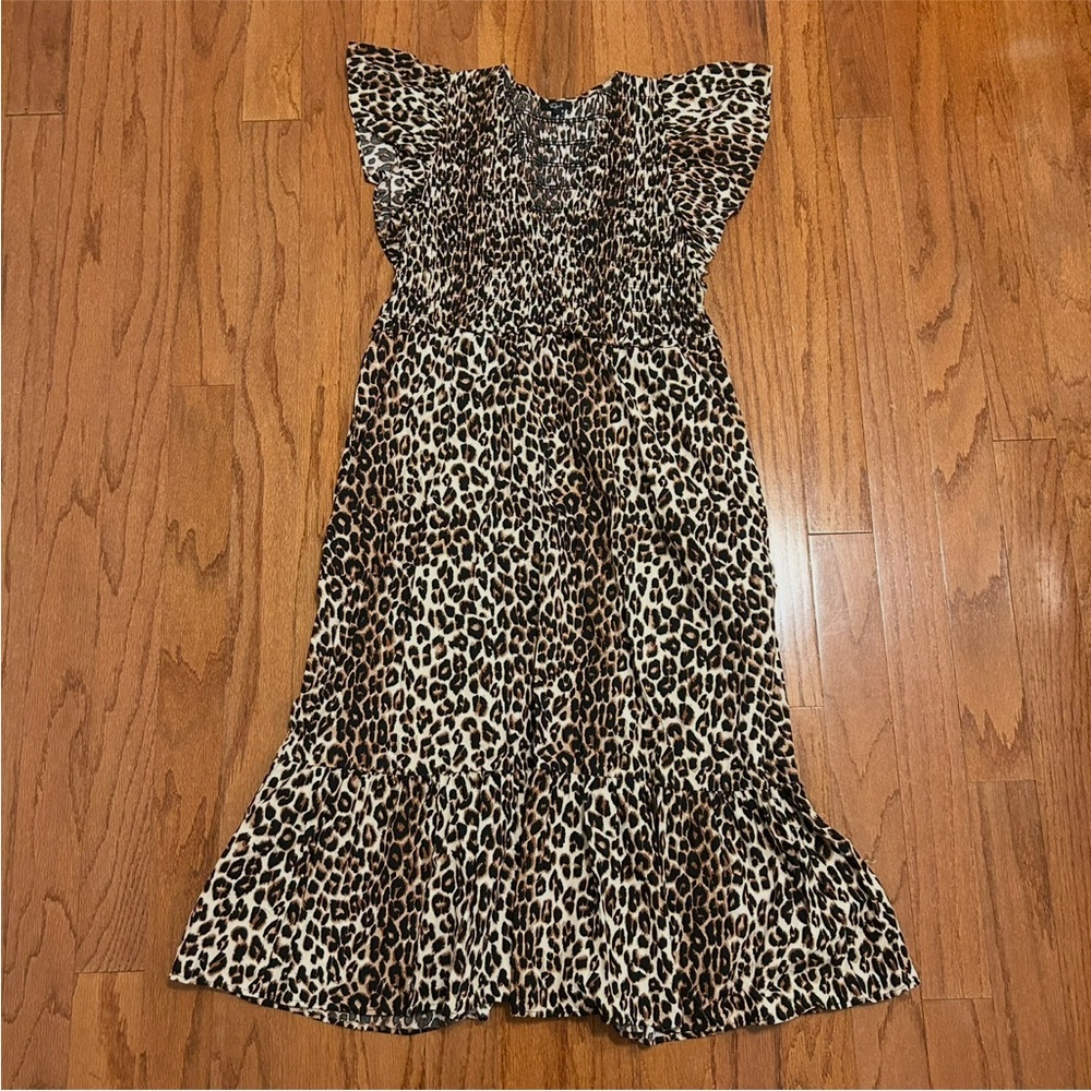 Rails Leopard Print Smocked Midi Dress Size L Boho Ruffle Dress - Picture 2 of 9